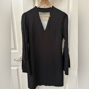 Ramy Brook Black Mini Cocktail Dress with keyhole and sequin trim long sleeve